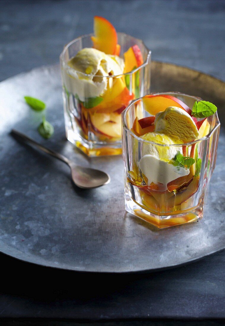 Nectarine salad with vanilla ice cream and olive oil