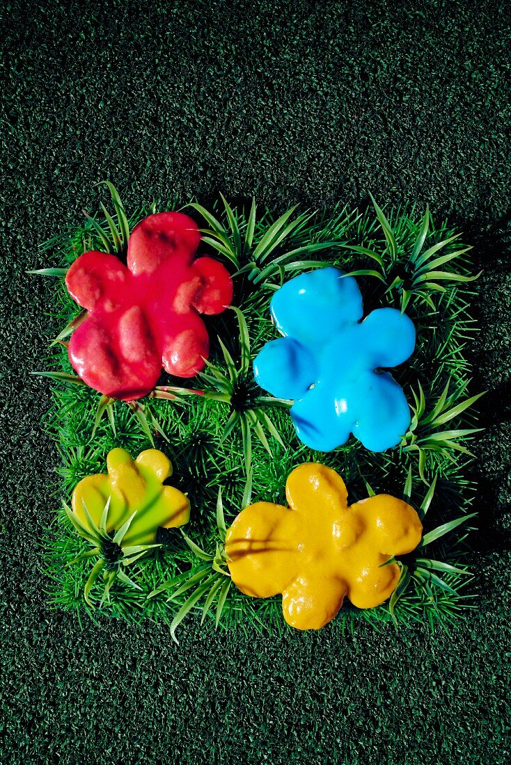 Warhol-style biscuits: four flower-shaped biscuits with colourful sugar icing