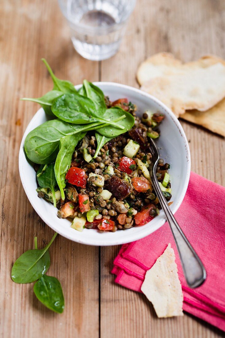 Lentil salad with peppers, courgettes and aubergines