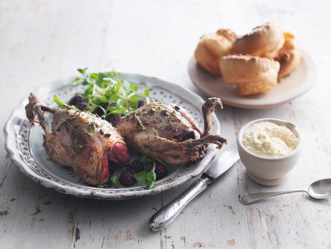 Grouse with bread sauce and Yorkshire puddings