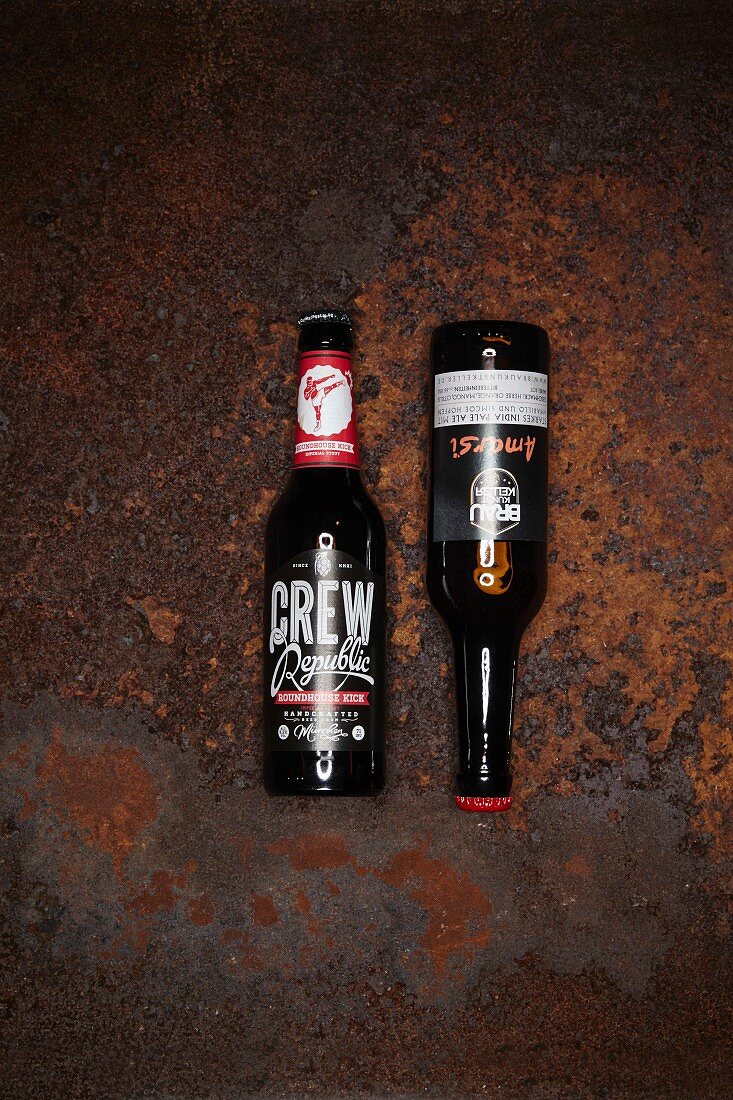 Stout beer by Crew Republic and Indian Pale Ale by BrauKunstKeller (seen from above)