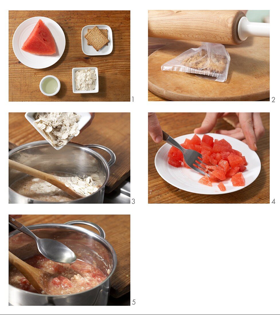 Wassermelonen-Keks-Brei mit Haferflocken zubereiten