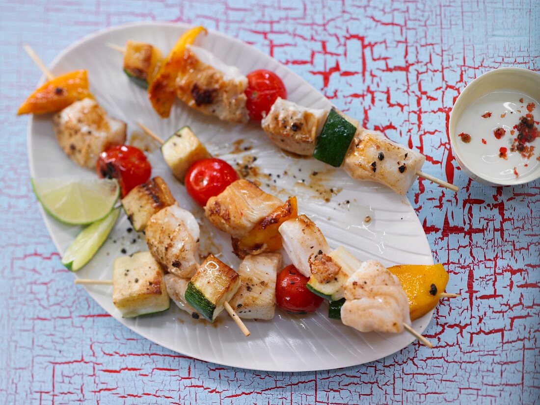 Grilled fish and vegetable kebabs with a lime dip