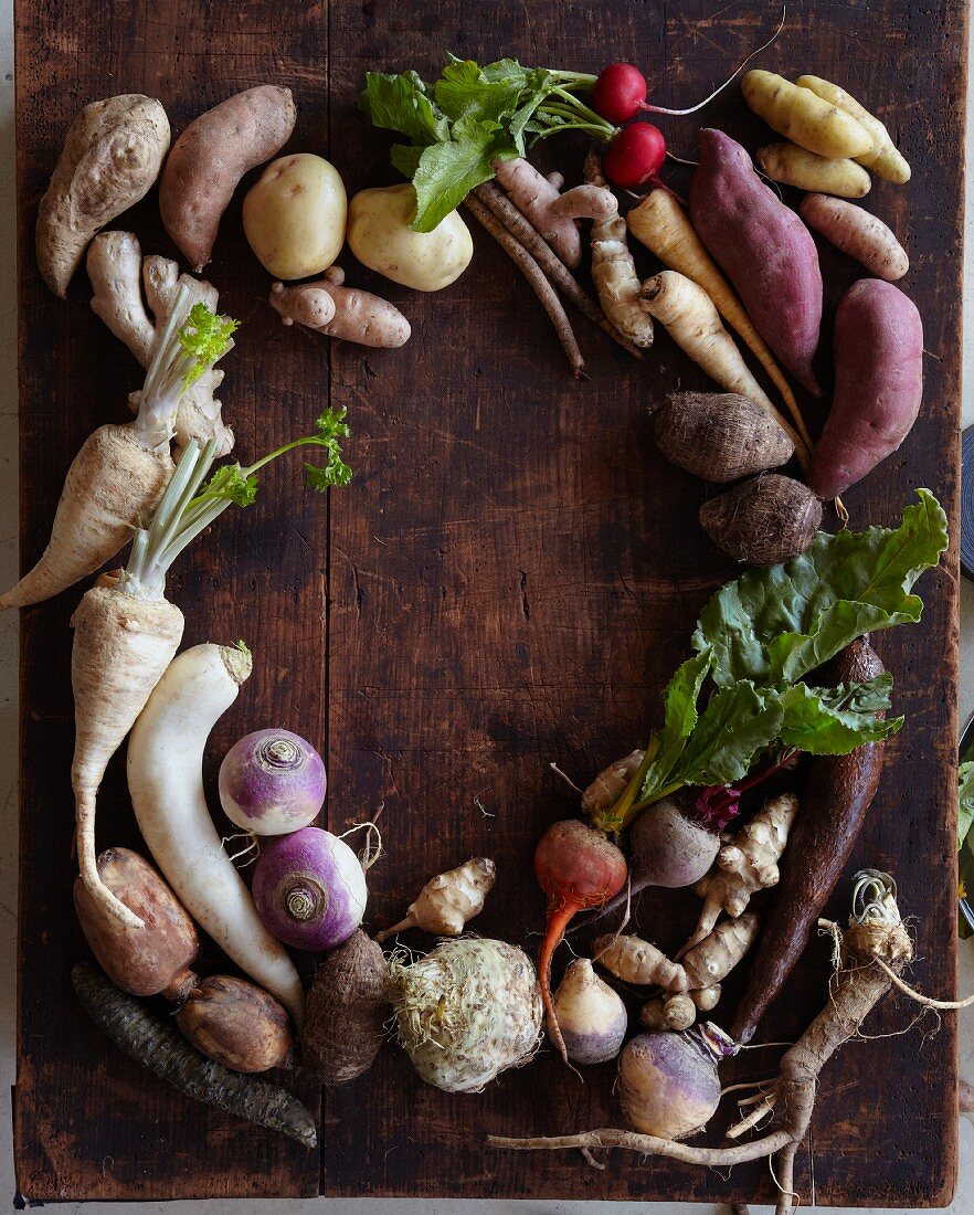 Assorted root vegetables forming a frame