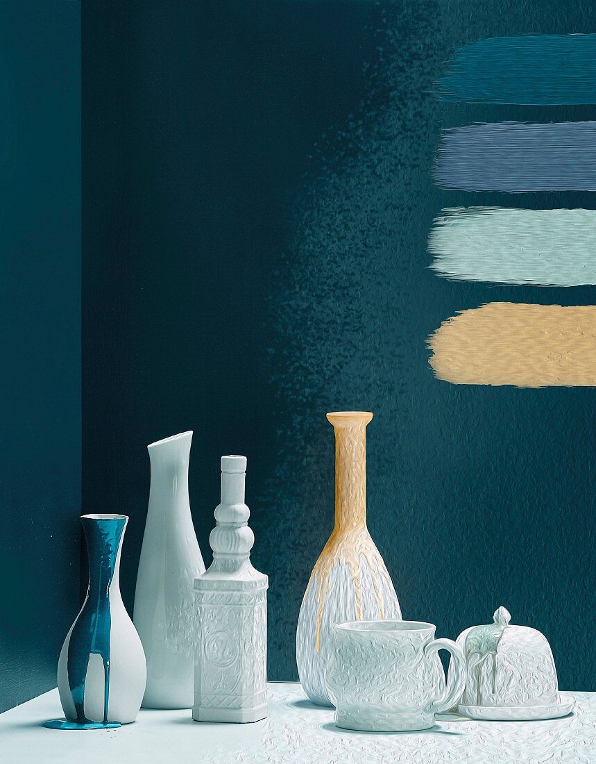 Vases and paint samples on wall; photographic art