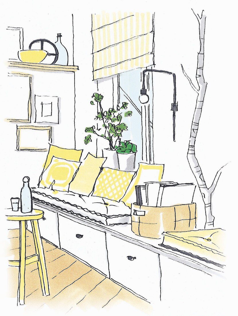 An illustration of a bench with drawers in front of a window with green plants