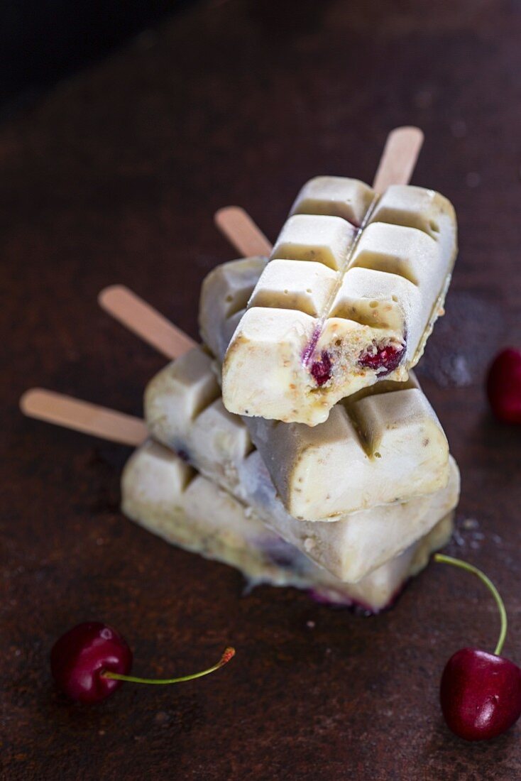 Vanilla, cherry and chia seed ice lollies