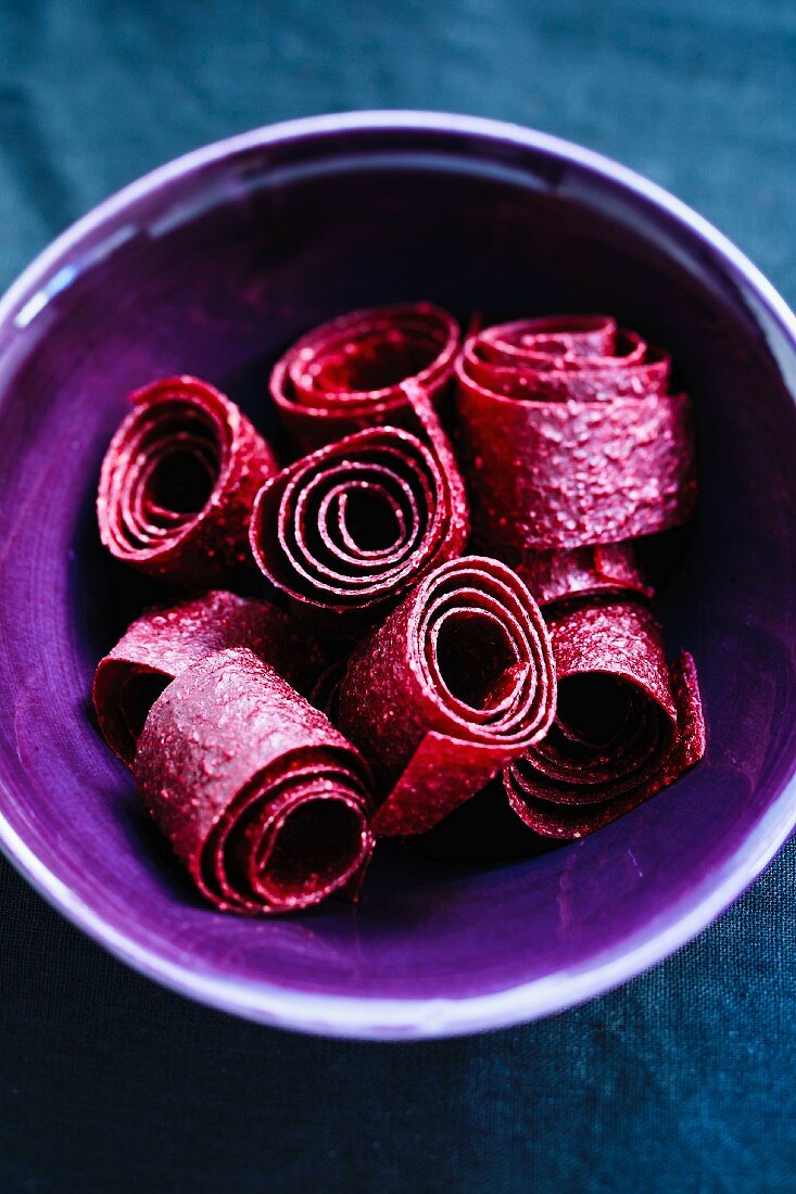 Fruit yo-yos in a purple bowl