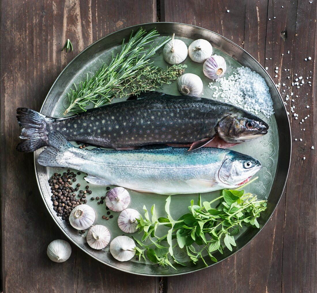 Fresh rainbow trout, char, garlic, thyme, salt, pepper, rosemary and oregano on a tray