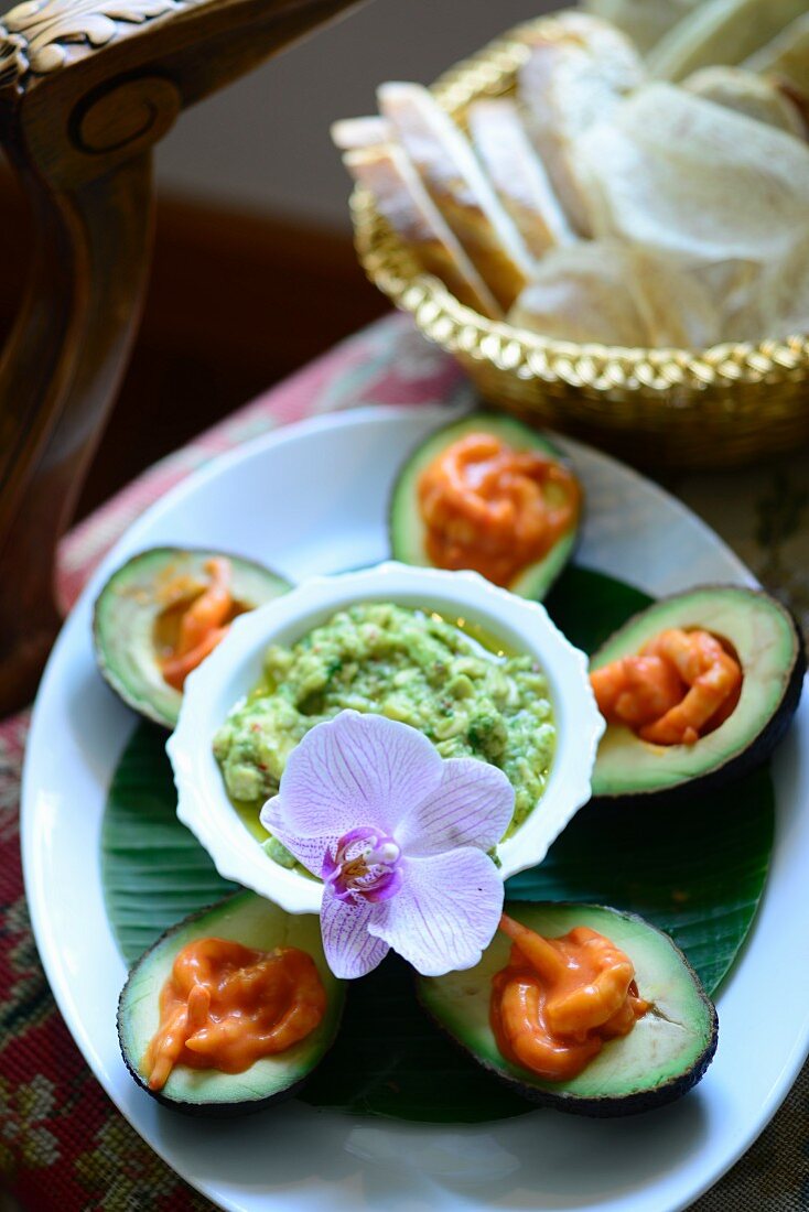 Stuffed avocados with prawns and an avocado dip on a Caribbean buffet