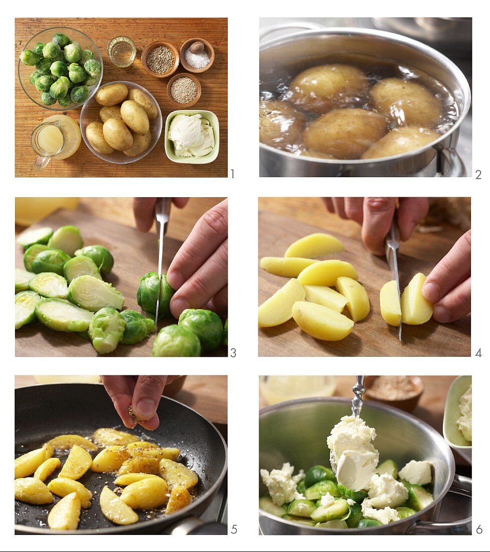 Rosenkohlpüree mit Sesam-Kartoffeln zubereiten