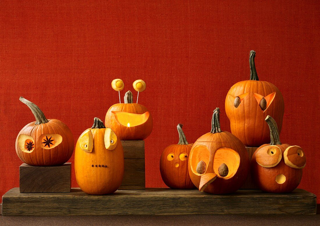 Mehrere Halloween-Kürbisse mit gruseligen Gesichtern