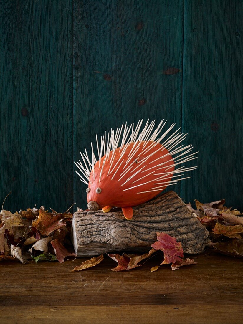 Igel gebastelt aus Kürbis und Zahnstochern als Halloweendekoration