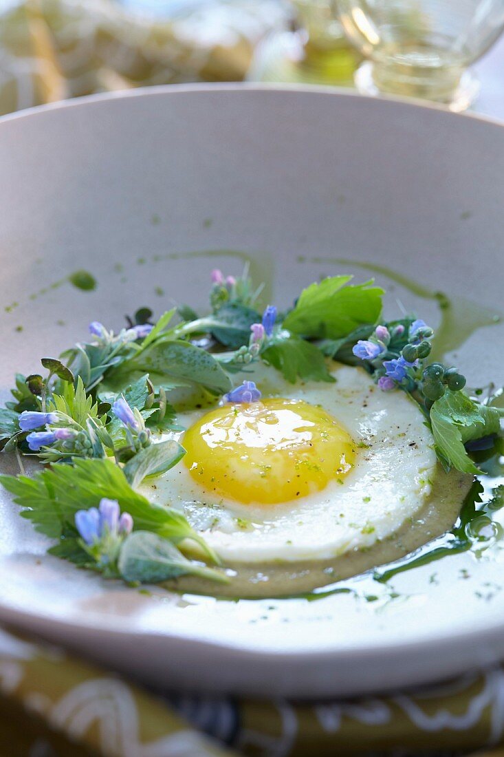 Fried egg with blue edible flowers