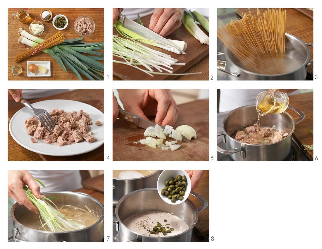 Leek spaghetti with a tuna fish and caper sauce being made