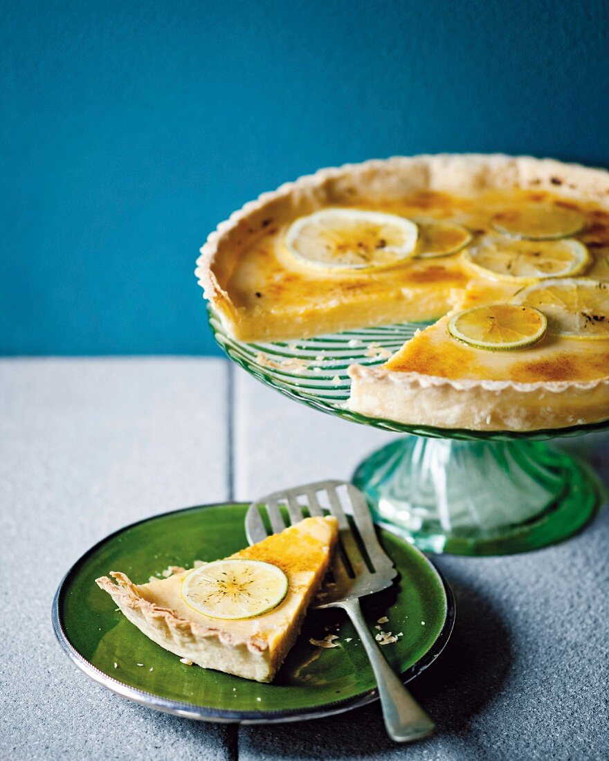 Lemon and lime tart with a coconut crust