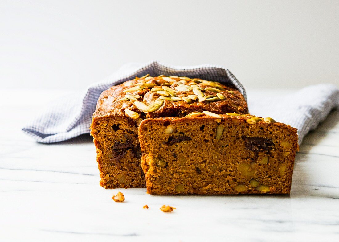 Sliced pumpkin and walnut bread with chocolate chips