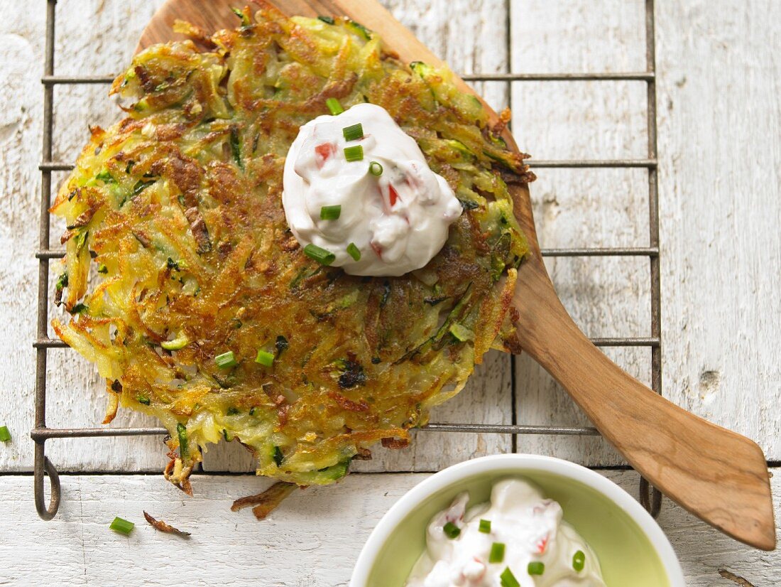 Potato & courgette fritter with tomato quark