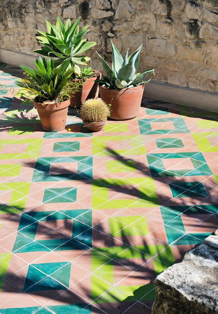 Mediterranean plants on geometric tiles on roof terrace