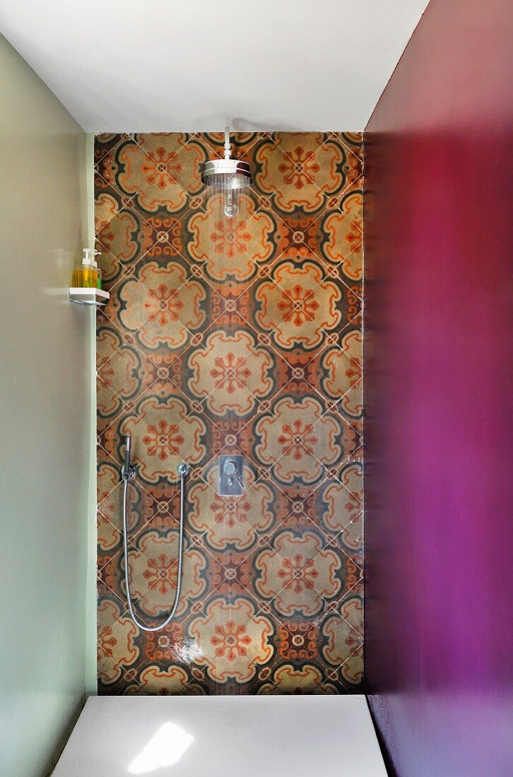 Traditional wall tiles on back wall of shower with side walls in different colours