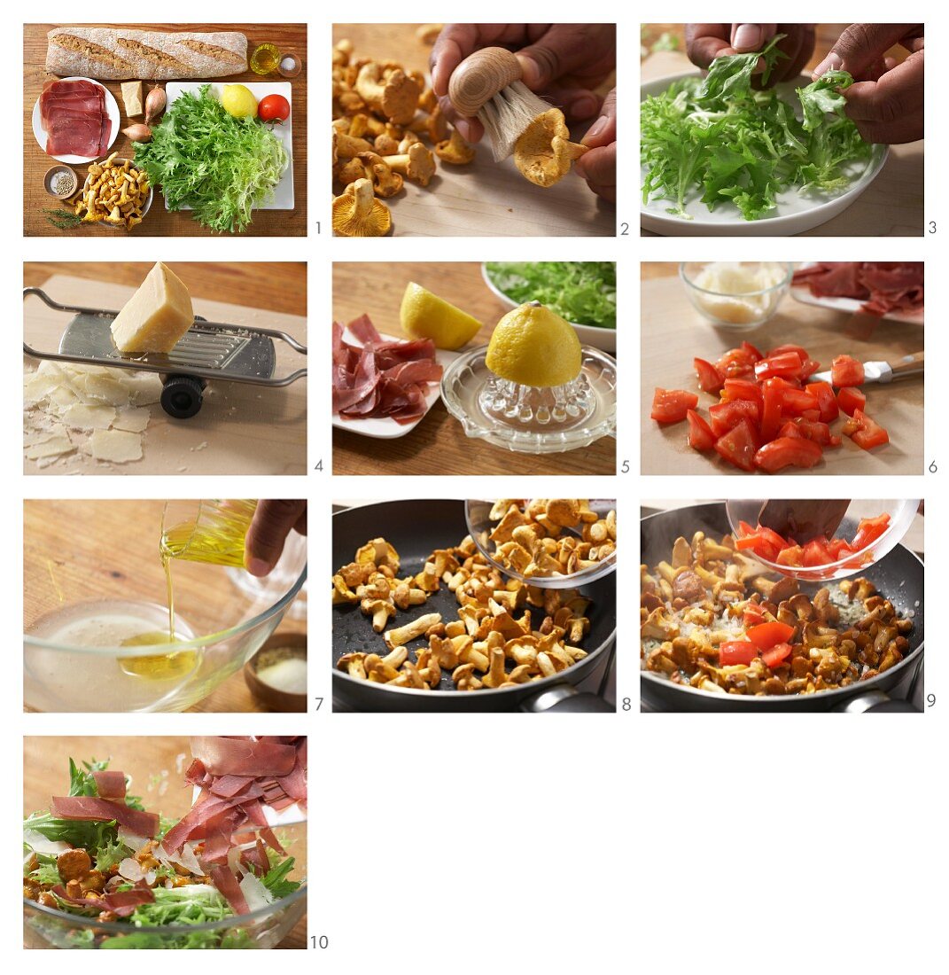 Pfifferlings-Frisee-Salat mit Bündner-Fleisch zubereiten