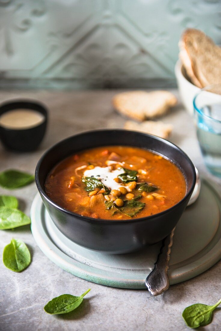 Lentil soup with tomatoes and spinach