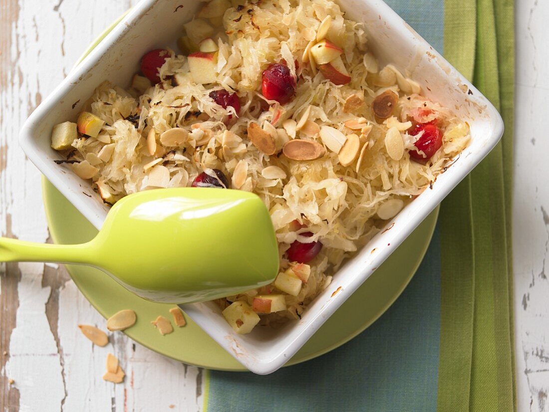 Sauerkraut & apple gratin sprinkled with flaked almonds