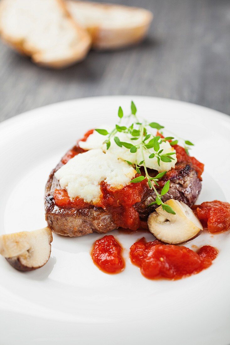 Rindersteak mit Ziegenkäse, Pilzen und Tomatensauce