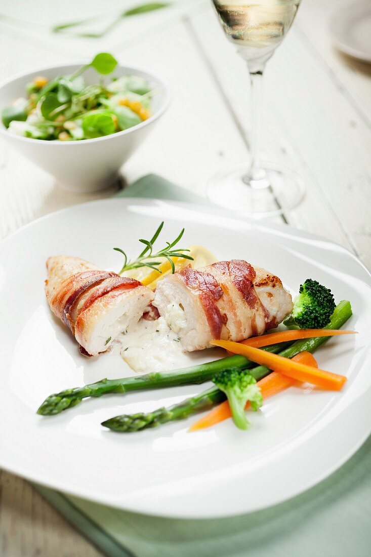 Chicken breast wrapped in bacon filled with mascarpone