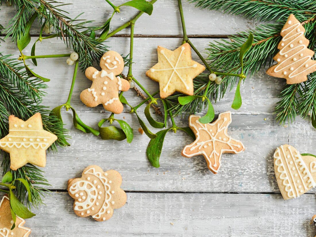 Gingerbread biscuits decorated with icing on a wooden surface with mistletoe and sprigs of pine