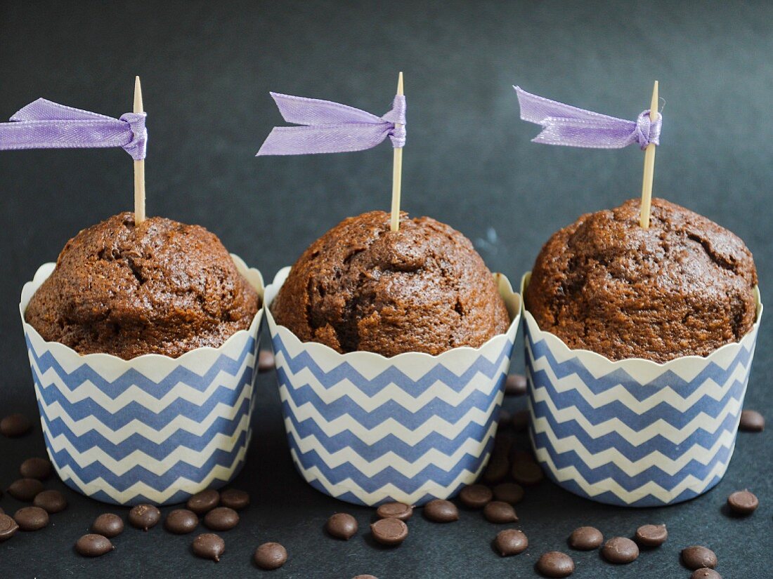 Chocolate muffins with banana, Nutella and chocolate chips