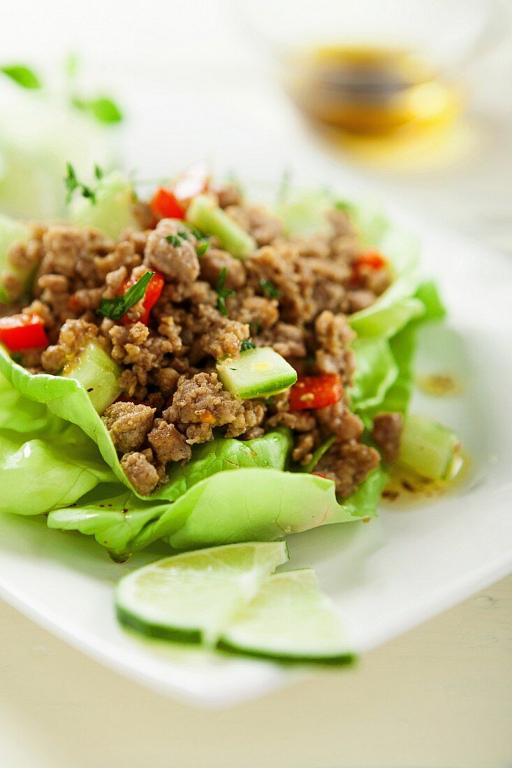 Minced meat on a bed of lettuce