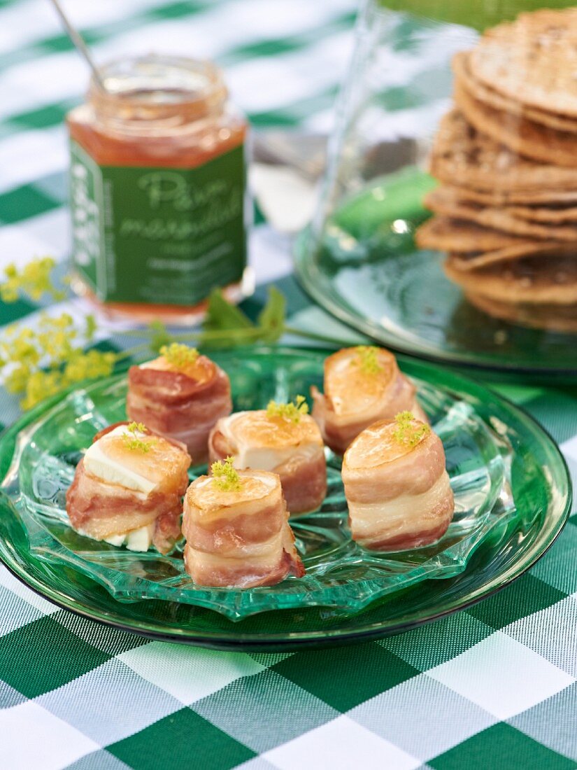 Feta wrapped in bacon with pear and ginger jam