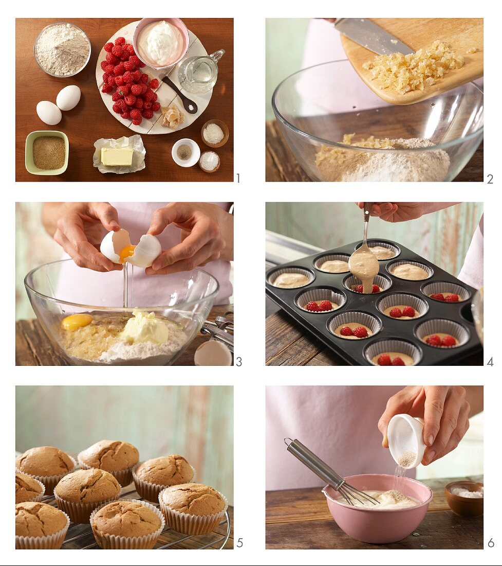 Vollkorn-Muffins mit Ingwer, Vanillesahne und Himbeeren zubereiten