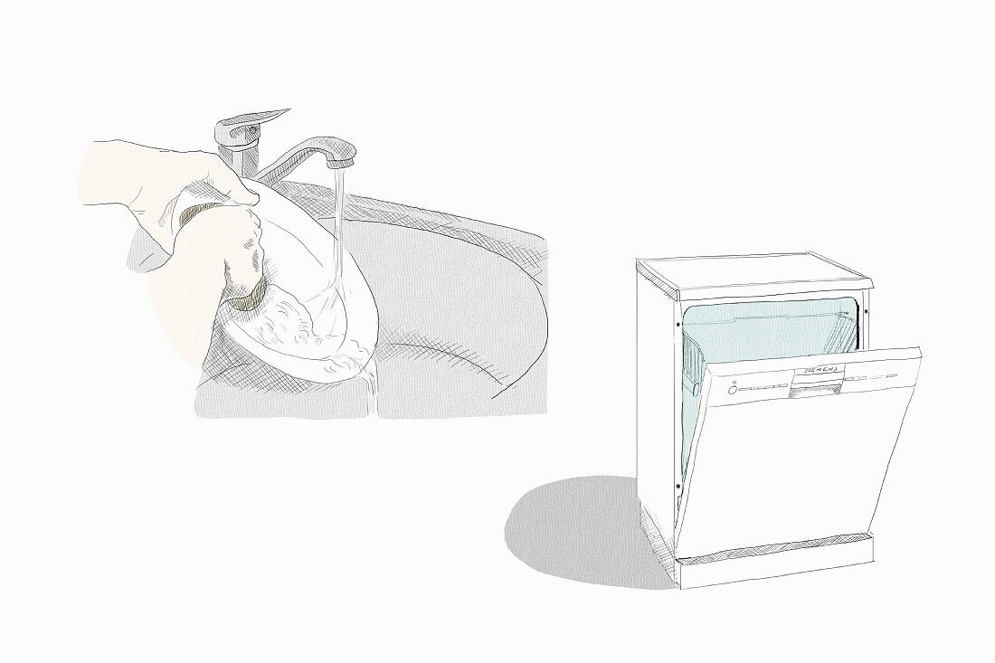 An illustration of washing up by hand and a dishwasher