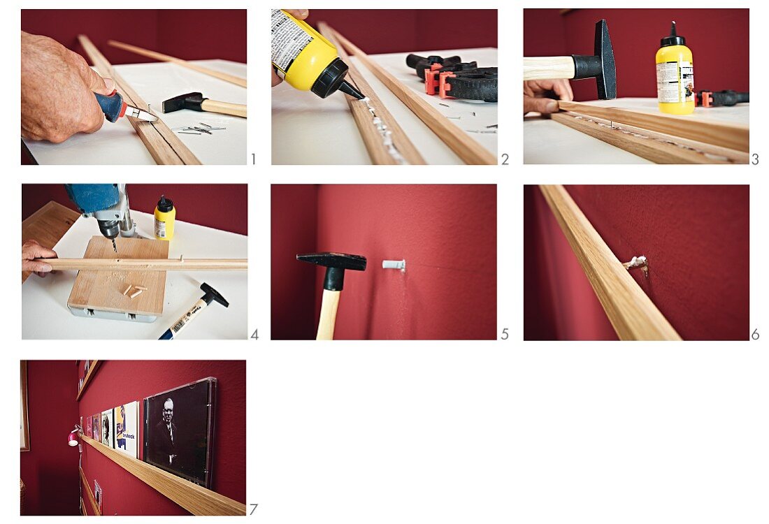 Arbeitsanleitung zum Herstellen und Anbringen schmaler Holzleisten als Regalablage an Wand