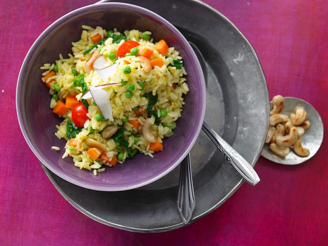 An Indian rice and vegetabe dish with cashew nuts