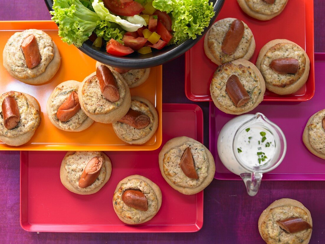 Savoury buns with sausage and salad