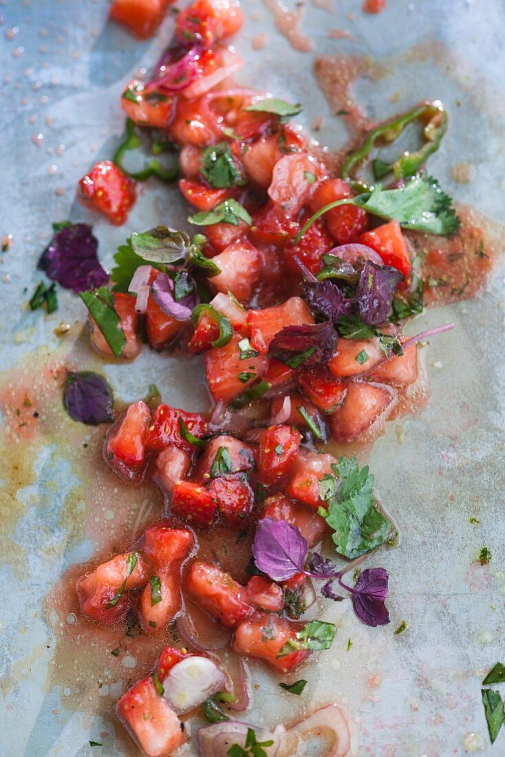 Strawberry ragout with chilli, coriander and cress