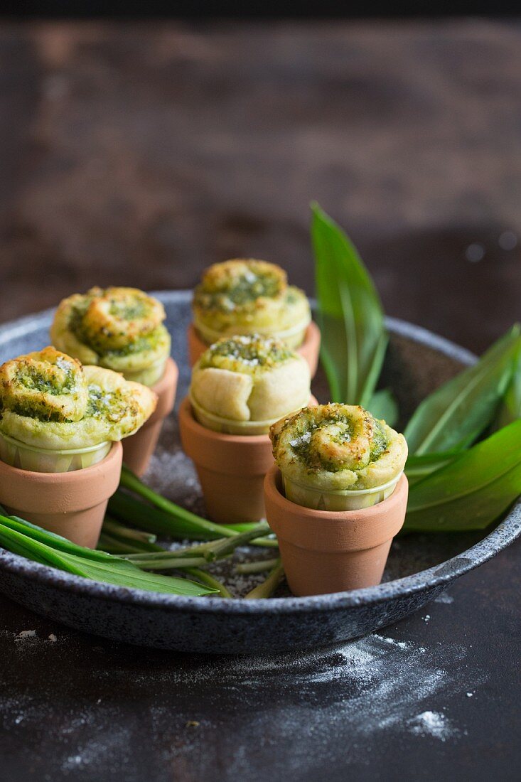 Wild garlic pastries in flowerpots