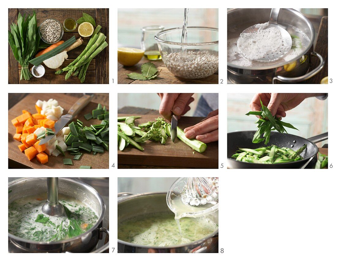 How to prepare asparagus soup with beans and wild garlic