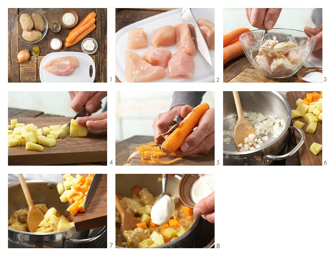 Hähnchencurry mit Karotten und Kartoffeln zubereiten