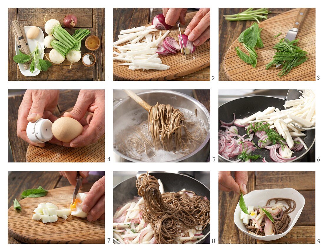 Soba-Nudeln mit Mairüben, roten Zwiebeln und Ei zubereiten