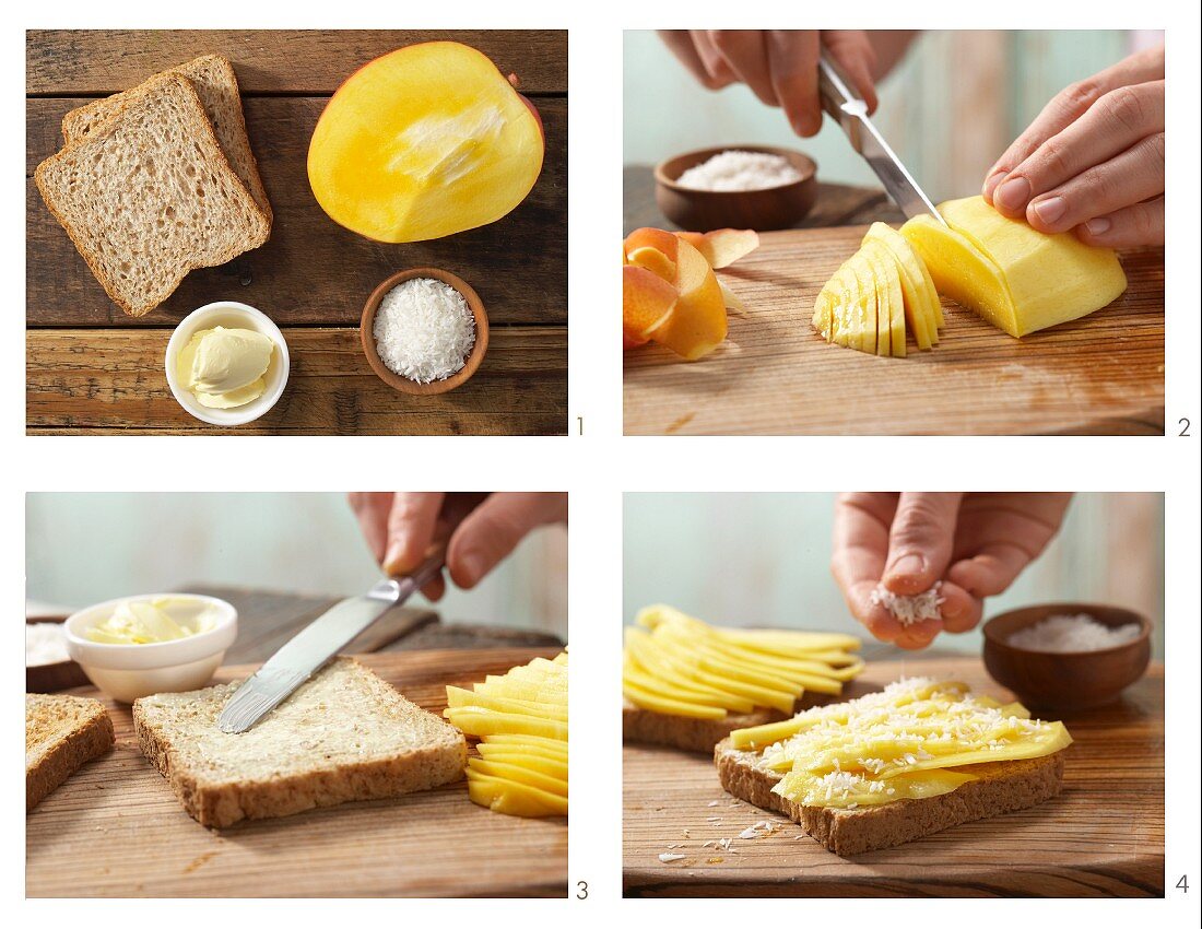 How to prepare mango toast with dessicated coconut