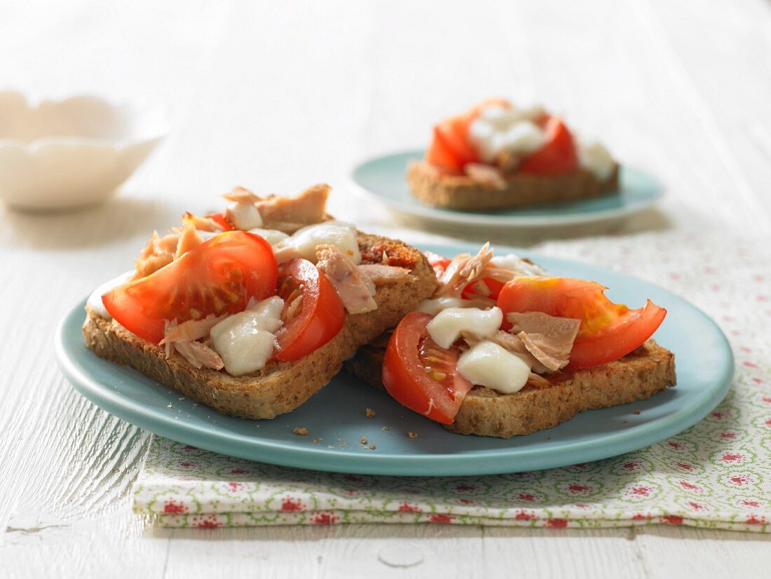 Pizza-Toast mit Thunfisch, Tomaten und Mozzarella