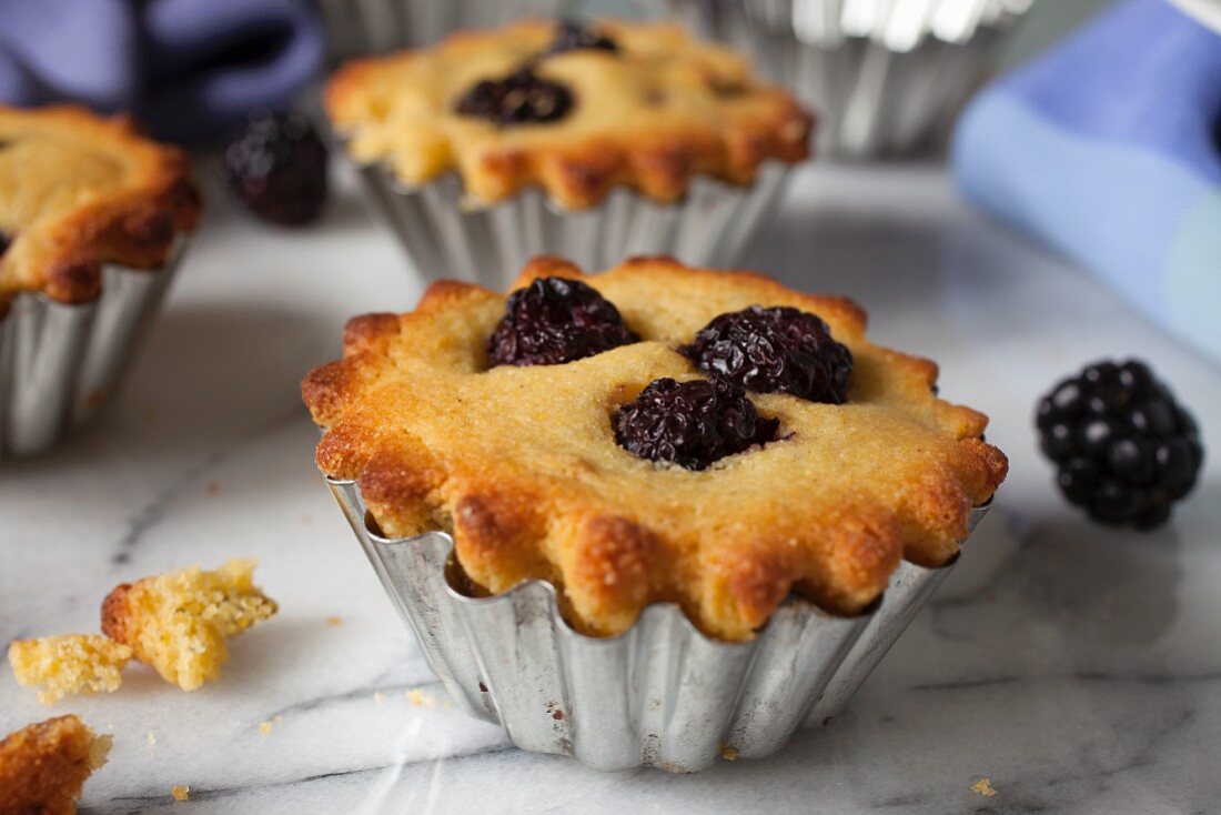 Blackberry corn muffins in mini brioche tins