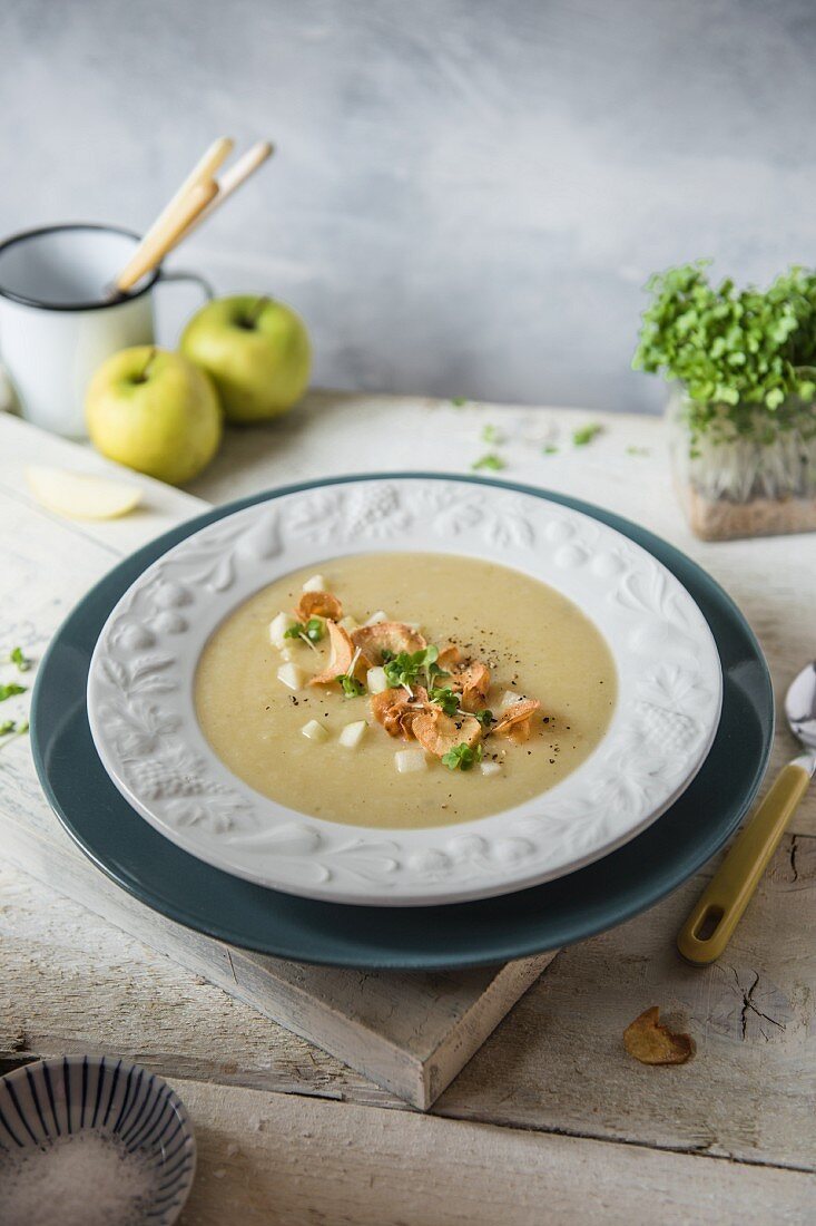 Creamy parsnip and apple soup with parsnip crisps
