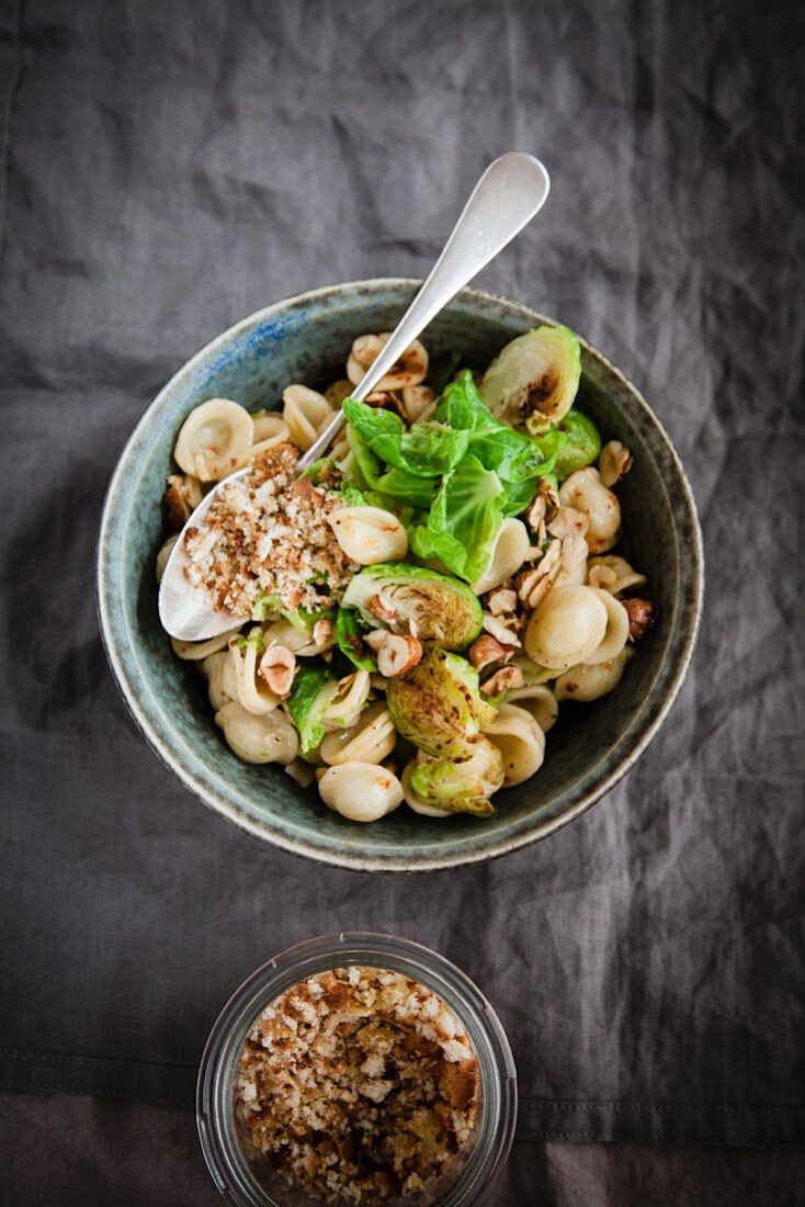 Vegan orechiette with brussels sprouts