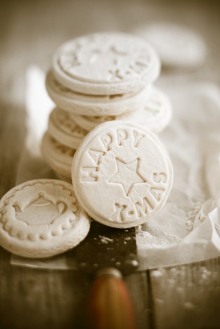 Assorted round Springerle (anise biscuits with an embossed design)