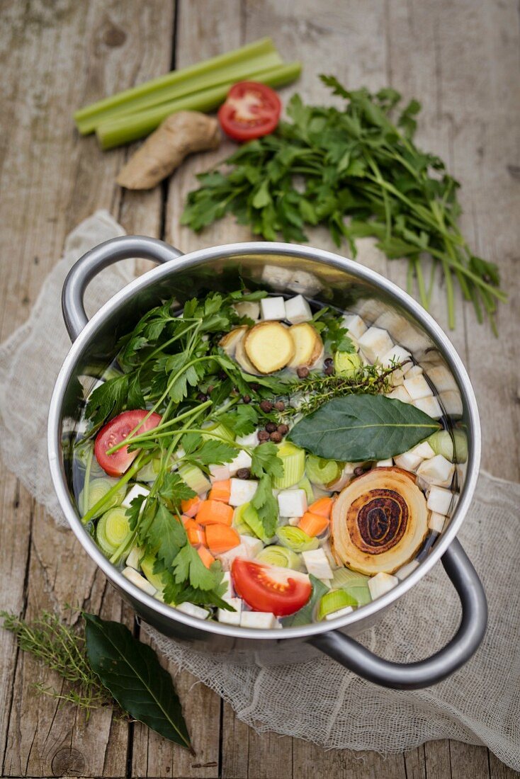 Vegetable broth in a saucepan